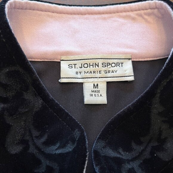 St John Sport Marie Gray Track Jacket M Full Zip Black Velvet Scroll Pink Trim - Picture 6 of 16
